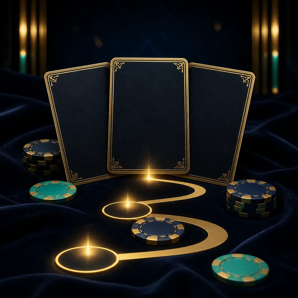Gold-edged cards and chips arranged as staged casino offer steps