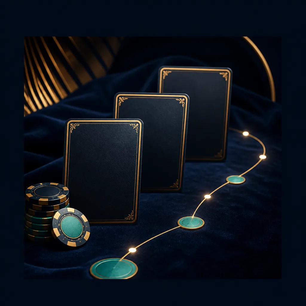 Gold-edged cards and chips arranged as staged casino offer steps