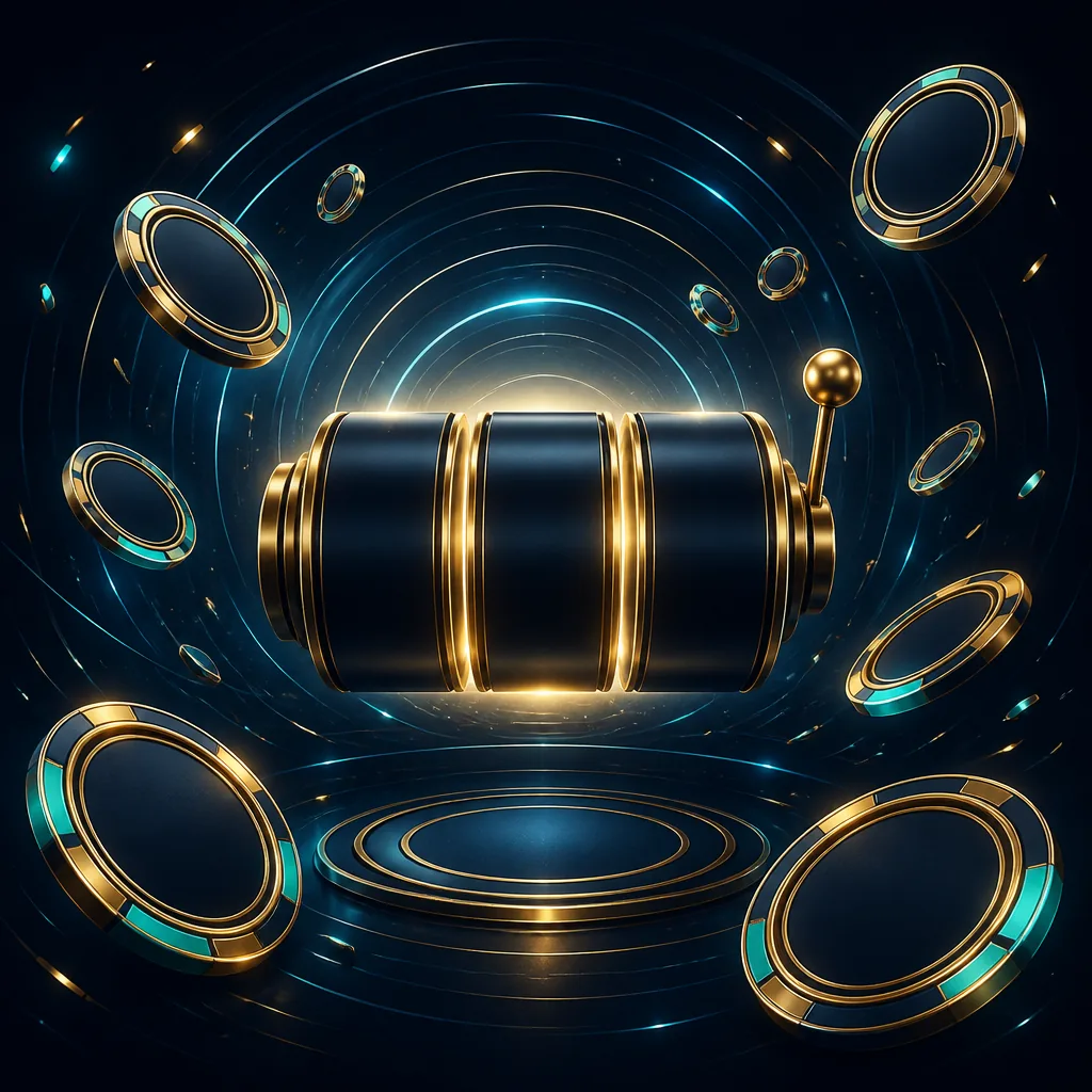Glowing reels and teal-gold tokens for a casino free-spin page