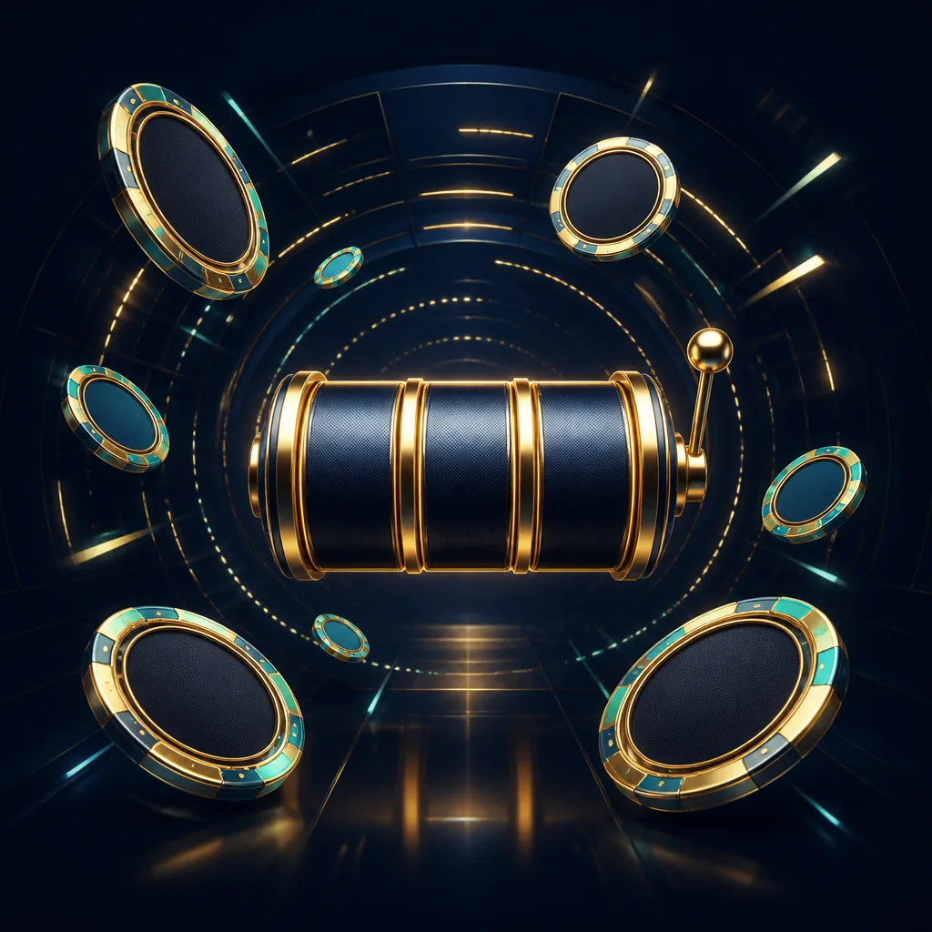 Glowing reels and teal-gold tokens for a casino free-spin page