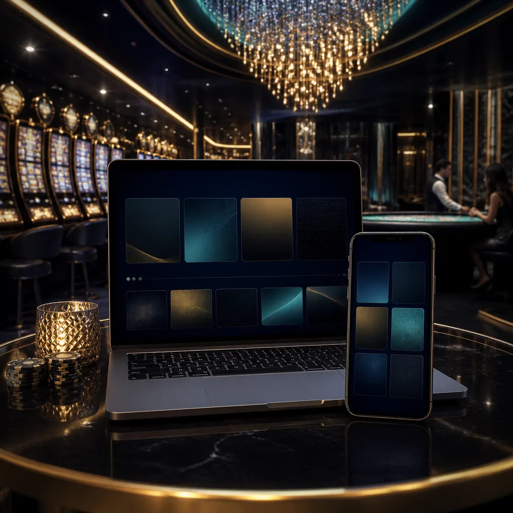Laptop and smartphone beside abstract casino game lobby tiles
