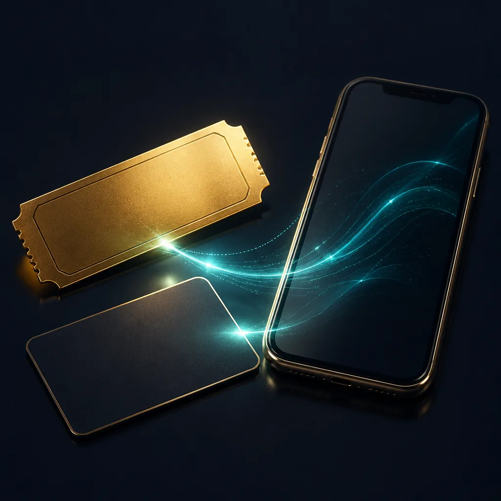 Blank gold ticket and phone for checking a casino promo code