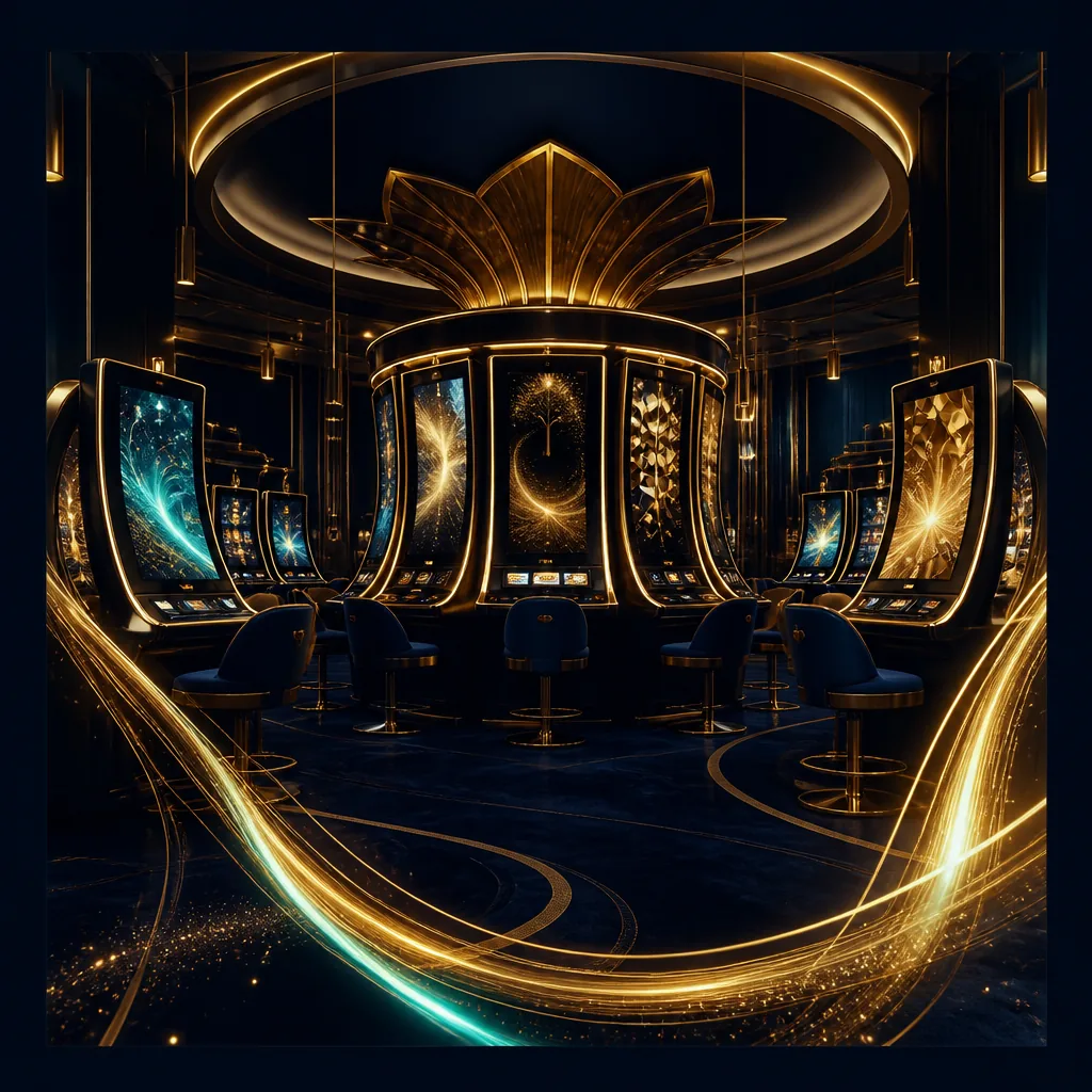 Abstract slot reels and game panels in a navy-gold casino lobby