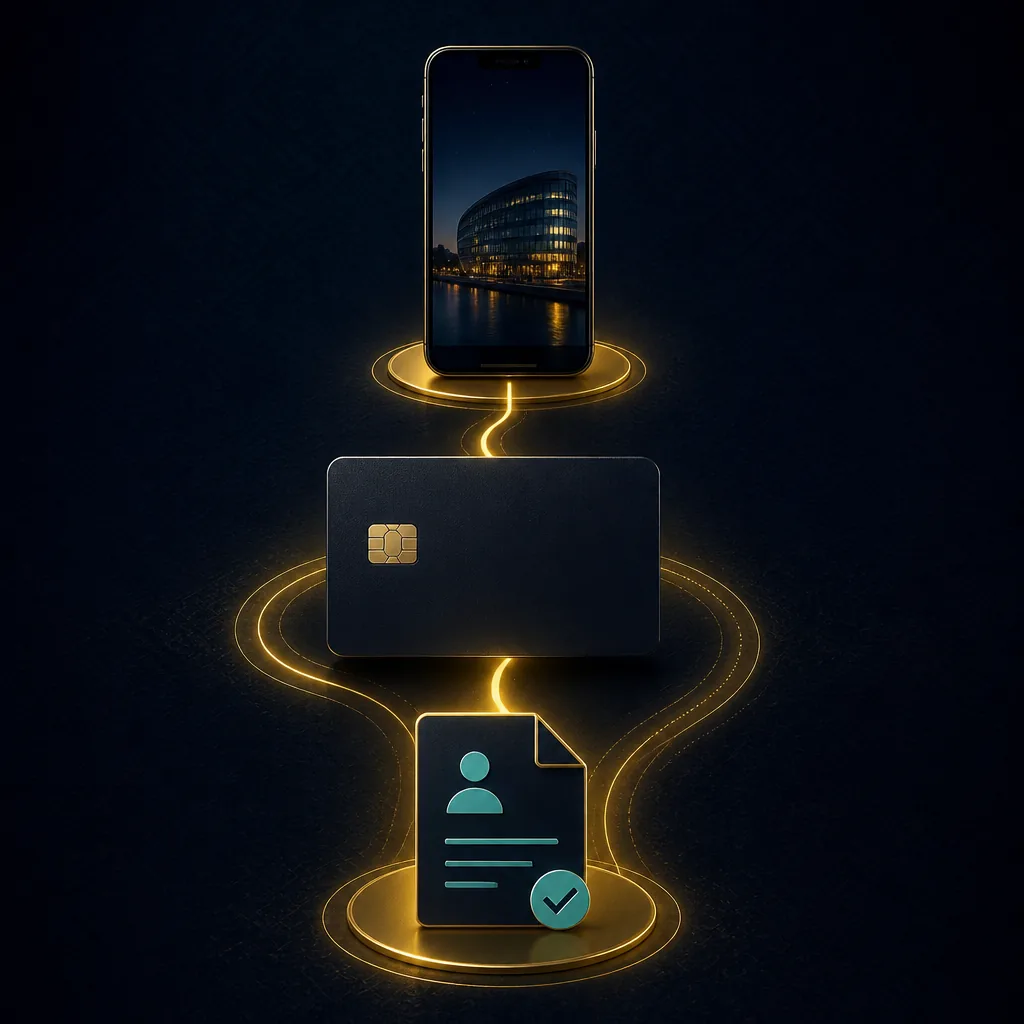 Phone and blank card beside an abstract casino cashout path