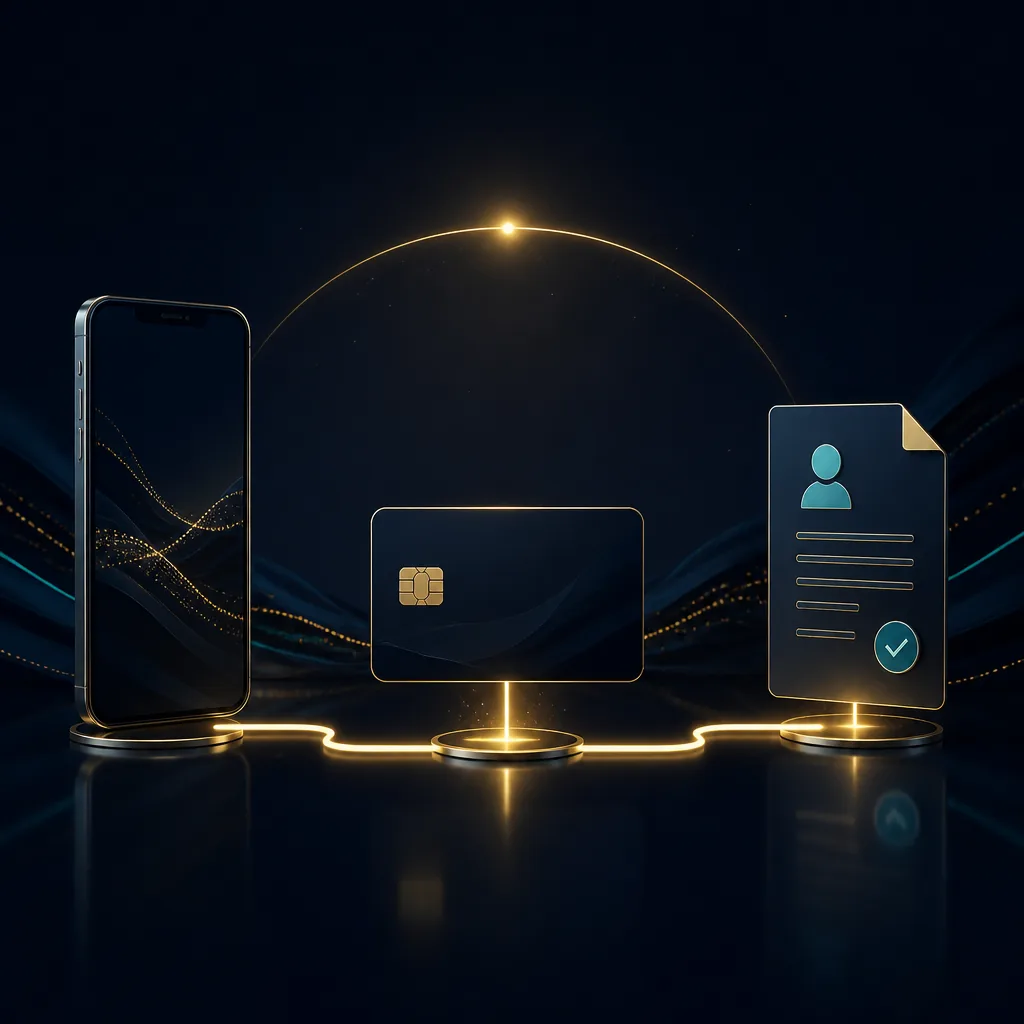 Phone and blank card beside an abstract casino cashout path
